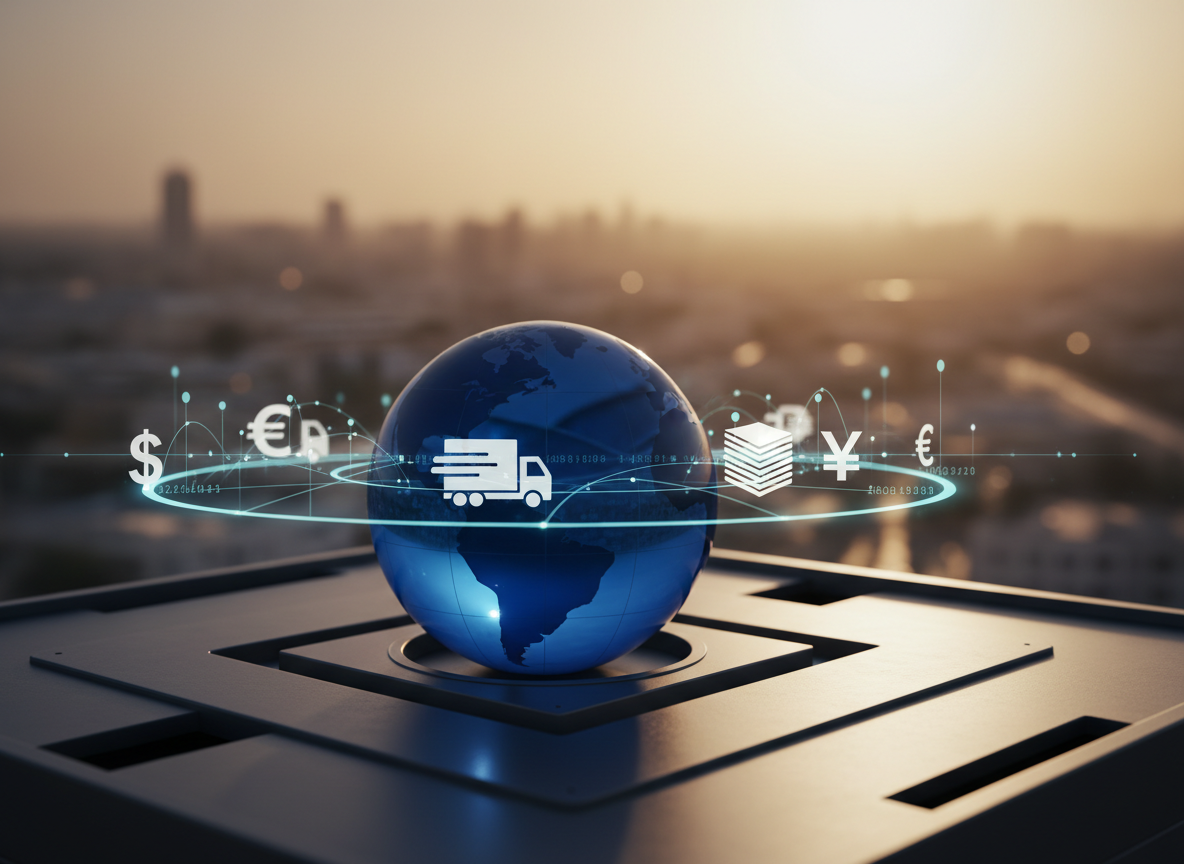 A sleek, modern logistics and finance concept scene featuring a polished dark-blue glass globe resting on a brushed steel platform, symbolizing global connections. Around the globe, luminous data lines and subtle icons of trucks, documents, and currency hover as holographic elements. The background shows a softly blurred city skyline suggesting المثنى/السماوة, with low, warm evening light filtering through dusty air, casting long, gentle shadows. Photographic realism with a clean, corporate aesthetic, shot at eye level with shallow depth of field. The mood is professional, reliable, and forward-looking, emphasizing smart, integrated services and fast, trusted solutions without any human presence.