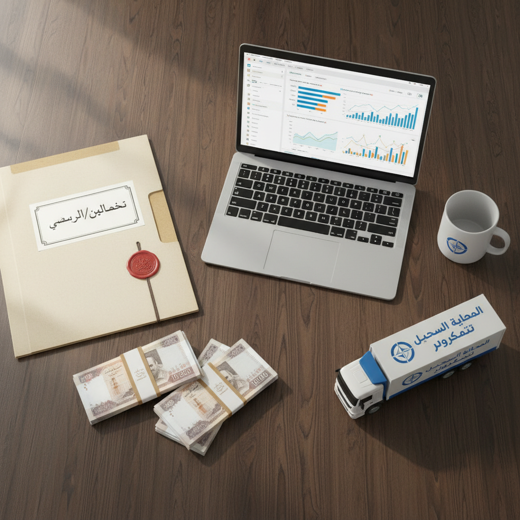 A detailed overhead view of an organized logistics and financial operations desk, featuring a slim silver laptop displaying dashboard graphs, a stamped contract folder labeled in Arabic, neat stacks of Iraqi dinar banknotes secured with bands, and a small model cargo truck in white and blue. The items rest on a dark walnut desk with a subtle wood grain. Soft daylight from a nearby window creates even, diffused lighting with mild shadows, suggesting early work hours. The composition uses balanced symmetry with sharp focus across the frame. Photographic realism with a clean, professional mood, evoking precision, speed, and trust in integrated services in المثنى/السماوة, without any people visible.